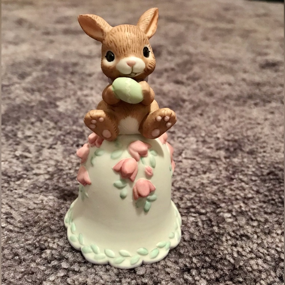 Vintage (1986) George Good Porcelain Bunny on Top of Bell Holding Easter Egg
